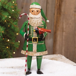 Recycled Metal Green Coat Candy Cane Santa With Cardinal
