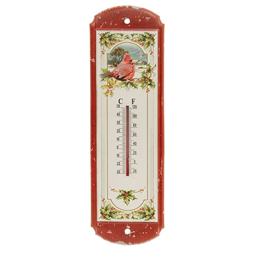 Cardinal & Holly Distressed Metal Thermometer