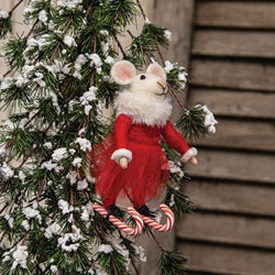 Candy Cane Skiing Mouse Felted Ornament