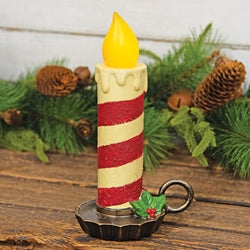 Chunky Primitive Candy Cane Chamberstick Candle With Holly