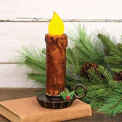 Chunky Primitive Brown Chamberstick Candle With Holly