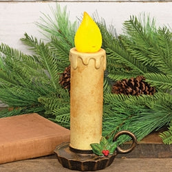 Chunky Burnt Ivory Chamberstick Candle With Holly