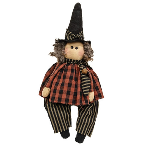 Sitting Wanda Witch Doll w/Black & Orange Check Dress