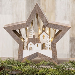 Wooden LED Star w/Church Scene