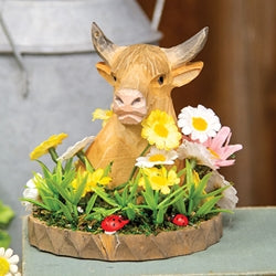 Wooden Floral Highland Cow Bust on Base