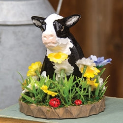 Wooden Floral Black and White Cow Bust on Base