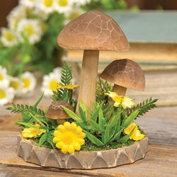 Wooden Floral Mushroom Trio on Base