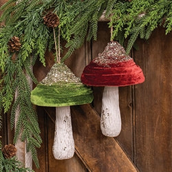 Velvet Glittered Mushroom Ornament 8" 2 Asstd.