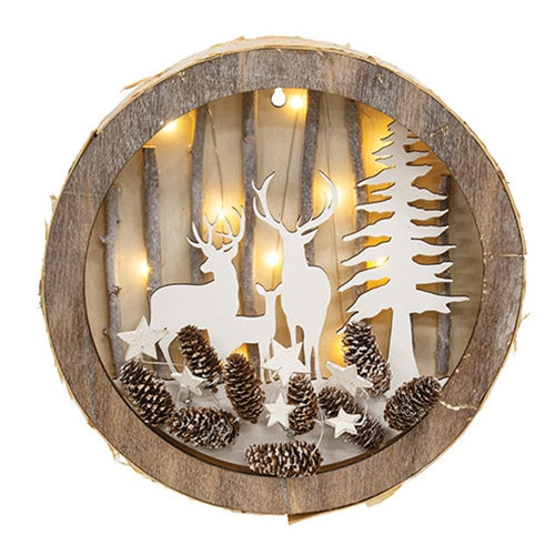 Round Birch Deer Scene w/LED Lights