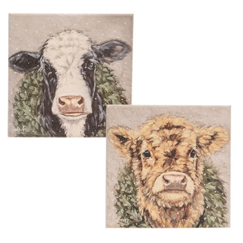 Winter Wreath Cow Canvas - 8" Sq. - 2 Asstd.