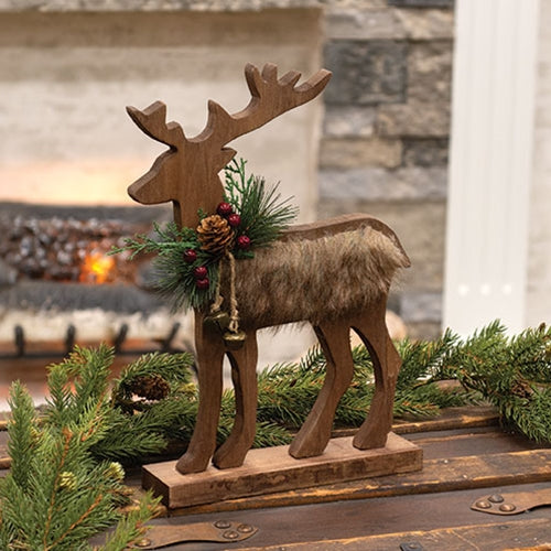 Wooden Reindeer on Stand w/ Fur 13.5"