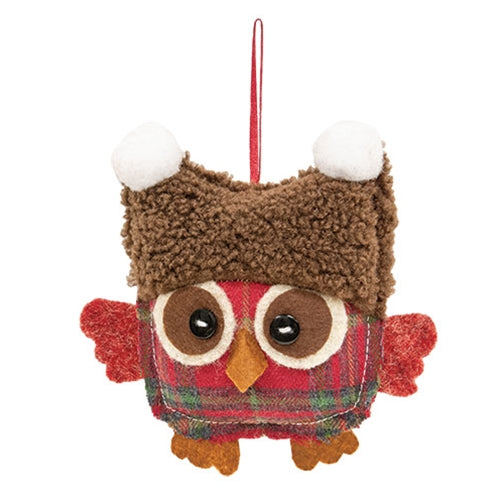 Red Plaid Owl in Brown Hat Ornament