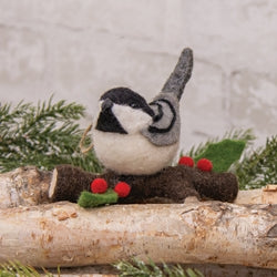 Felted Chickadee on Branch Ornament