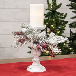 Snow Sprinkled Pine & Berry Pillar Holder 10"