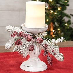 Snow Sprinkled Pine & Berry Pillar Holder 7"