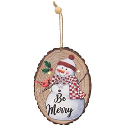 Snowman Wood Slice Ornament w/LED Lights 3 Asstd.