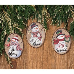 Snowman Wood Slice Ornament w/LED Lights 3 Asstd.