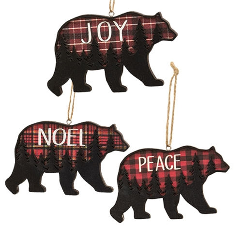 Plaid Bear Forest Scene Ornament 3 Asstd.