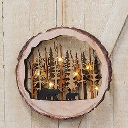 Wood Slice Bear Scene Hanger w/ LED Lights