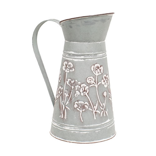 Washed Blue Metal Flower Embossed Water Pitcher