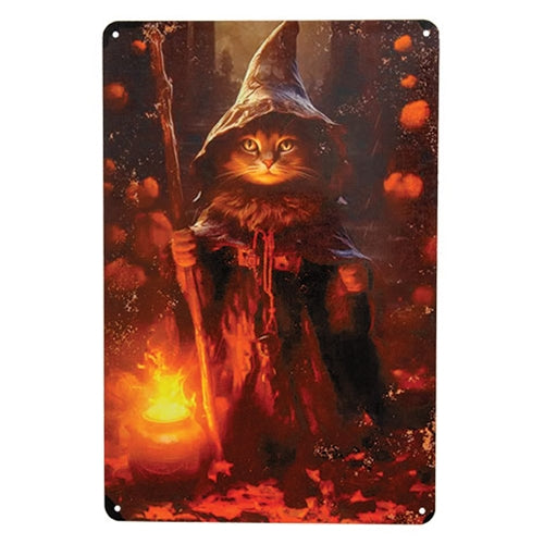 Witch Cat With Cauldron Metal Sign - 8x12