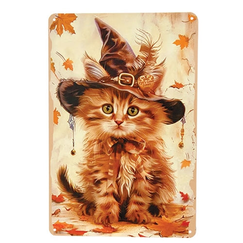 Kitten Witch In Fall Leaves Metal Sign - 8x12