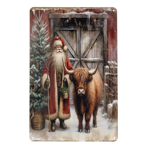 Father Christmas & Highland Cow Metal Sign - 8x12