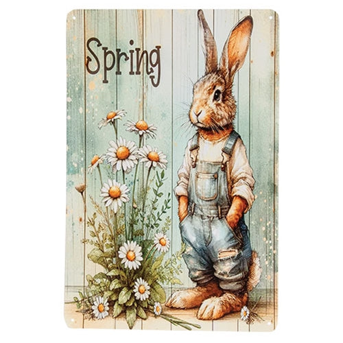 Spring Bunny In Overalls With Daisies Tin Sign - 8" x 11.75"