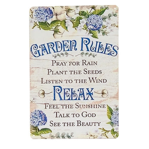 Blue Floral Garden Rules Tin Sign - 8" x 11.75"