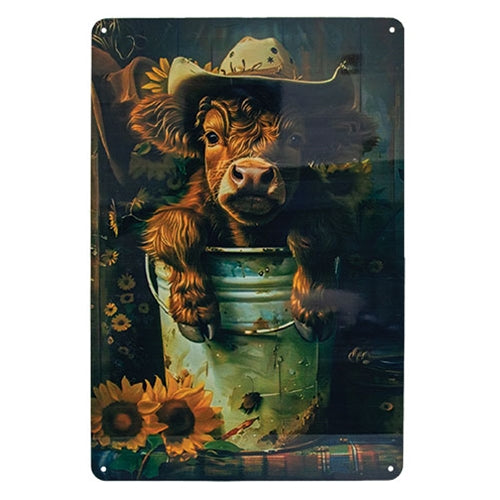 Cowboy Highland In Bucket Metal Sign - 8x12