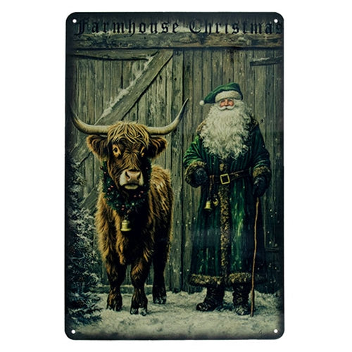 Father Christmas & Highland Metal Sign - 8x12