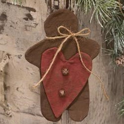 Stiffened Fabric Primitive Gingerbread & Heart Ornament