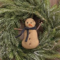 Stiffened Fabric Jingle Bell & Blue Scarf Primitive Snowman Ornament
