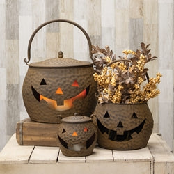 3/Set - Hammered Rust Metal Jack O Lantern Cauldrons w/Lids