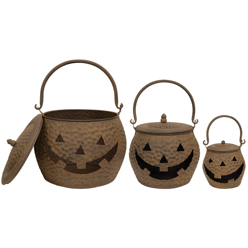 3/Set - Hammered Rust Metal Jack O Lantern Cauldrons w/Lids