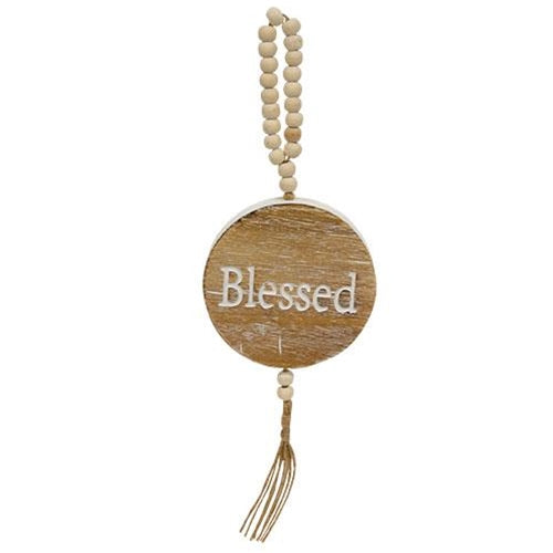 "Blessed" Engraved Wooden Ornament w/Bead Hanger
