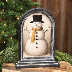Top Hat Snowman With Tan Scarf Arched Framed Print On Stand