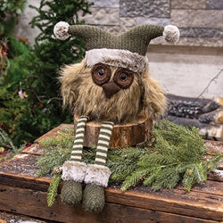Dangle Leg Fur Owl w/Green Knit Hat