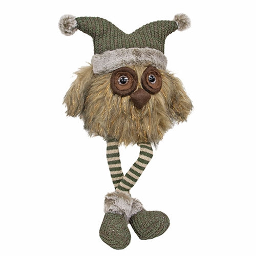 Dangle Leg Fur Owl w/Green Knit Hat