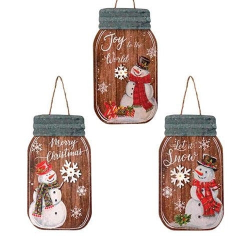Wooden Snowman Mason Jar Ornament w/LED Light 3 Asstd.