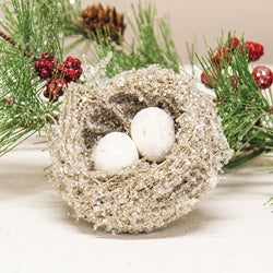 Sugar Frosted Bird Nest With Eggs - 3.5"