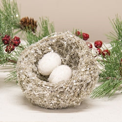 Sugar Frosted Bird Nest With Eggs - 4.5"