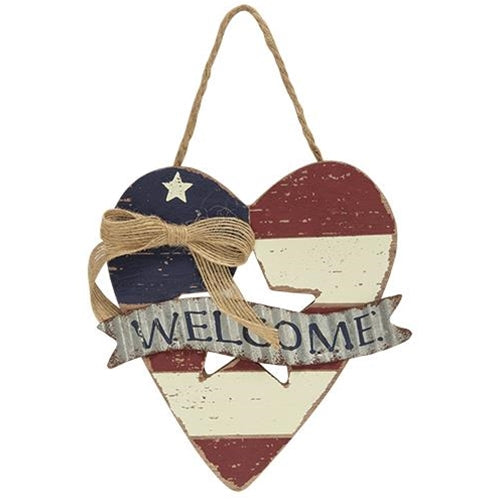 Wooden Heart Flag Welcome Ornament