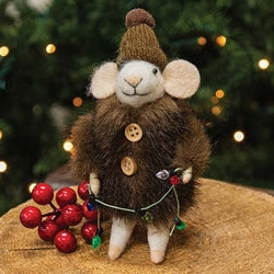 Christmas Lights Fur Coat Mouse Felted Ornament