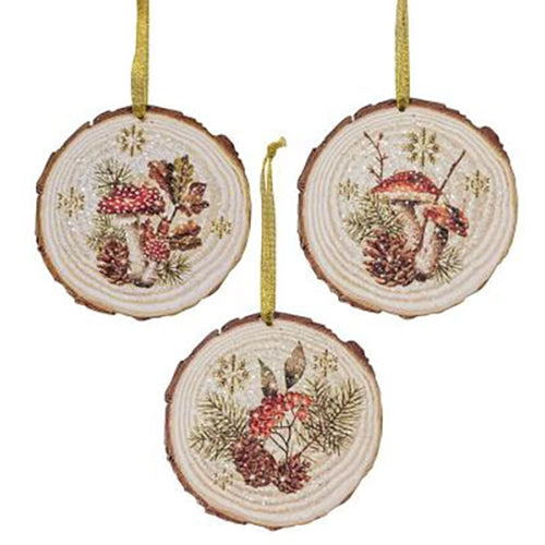 Woodland Mushrooms Wood Slice Ornament - 3 Asstd