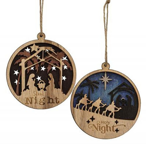 Layered Wood Nativity Scene Ornaments - 2 Asstd
