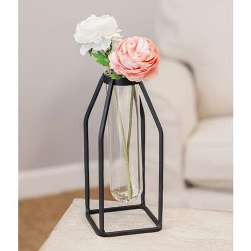 Glass Tube Vase w/Metal Frame Thin