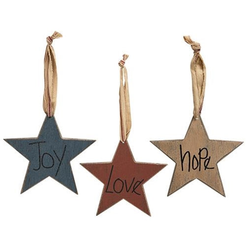 3/Set Joy Love Hope Primitive Star Ornaments