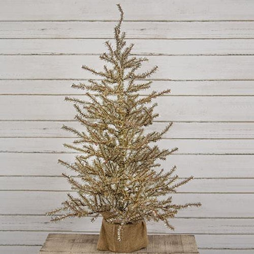 Antiqued Silver Tinsel Tree w/Burlap Base 3ft