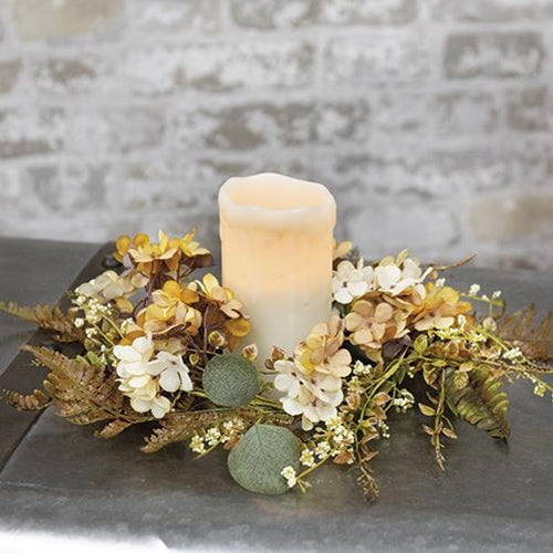 *Ivory/Tan Hydrangea Candle Ring 12"